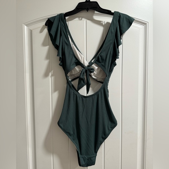 PinkBlush green ribbed, cutout flutter one piece maternity swimsuit - Picture 5 of 6